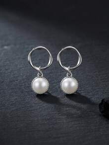 一对925纯银和14K金圆形淡水珍珠吊坠耳环，时尚首饰，适合女性和女孩，是婚礼、派对、生日的理想之选，2026新款耳环 - 圓珍珠 - 查看 5