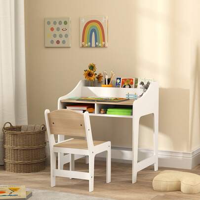 AIYAPLAY Kids Desk And Chair Set, Children Study Table And Chair Set With Storage And Shelves, Student Writing Desk For Bedroom & Study Room, Gift For 3-8 Years Old, Natural Wood Finish