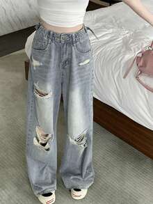 Quần jeans ống rộng rách bạc màu, phong cách thường ngày mùa xuân. - Rửa trung bình - Xem 3