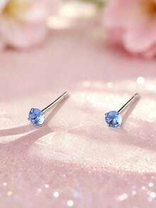 1 Pair S925 Sterling Silver Shiny Blue Zirconia Stud Earrings, Gentle On Ear Piercings, Designed For Daily Wear For Girls, Long-Lasting Luster, Versatile For Festivals, Parties, Or Commuting - Round - View 6