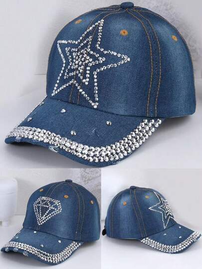 Mũ lưỡi trai kiểu cổ điển bạc màu, trang trí hình ngôi sao năm cánh và đính đá, mũ che nắng thời trang cá tính, mũ điều chỉnh được, phù hợp cho cả nam và nữ, thích hợp sử dụng hàng ngày, mùa hè và đi biển.