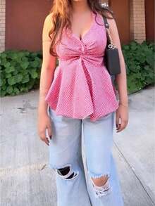 Women Sleeveless Plaid Halter Neck Tops - 紅色 - 查看 1