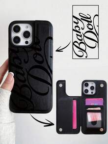 Wallet Phone Case Compatible With Iphone 17/17Air/17Pro/17ProMax, 16/16Plus/16ProMax, 15, 14, 13, 12, Series, Suitable For Galaxy S22, S23, S24, S25 PLUS ULTRA Series, With Card Slots, Pattern Flip Cover, PU Leather Material, With Stand And Card Slots, Suitable For Women And Girls, Decoration/Birthday Gift, Couple .Girlfriend, Boyfriend, Friend Or Yourself, Shockproof And Drop-Proof, Baby Doll Cursive Print Pattern, Waterproof And Scratch-Resistant - 黑色 - 查看 1