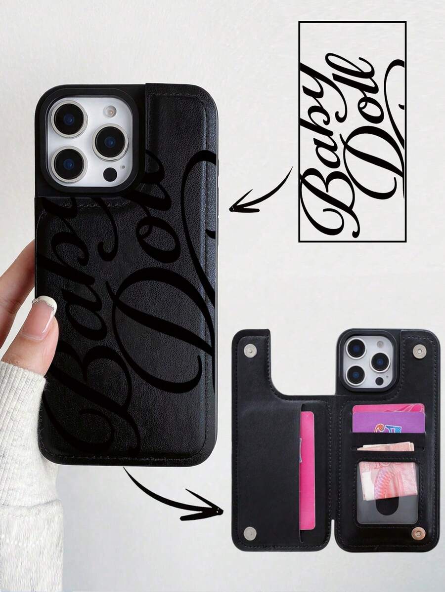 Wallet Phone Case Compatible With Iphone 17/17Air/17Pro/17ProMax, 16/16Plus/16ProMax, 15, 14, 13, 12, Series, Suitable For Galaxy S22, S23, S24, S25 PLUS ULTRA Series, With Card Slots, Pattern Flip Cover, PU Leather Material, With Stand And Card Slots, Suitable For Women And Girls, Decoration/Birthday Gift, Couple .Girlfriend, Boyfriend, Friend Or Yourself, Shockproof And Drop-Proof, Baby Doll Cursive Print Pattern, Waterproof And Scratch-Resistant - 黑色 - 查看 1