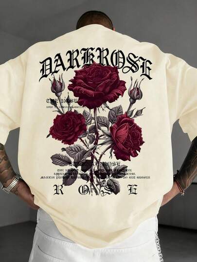 Plusstorlek herr t-shirt med gotiskt rosmönster och rund hals, kortärmad, Casual Streetwear, Lös passform, Lämplig för vardagsbruk, Hem, Kontor, Utomhus, Stad, Streetstyle, Ungdom, Minimalistisk, Retro, Naturfärgad, Mångsidig, Texturerad, Snygg, Personlig, Sportig