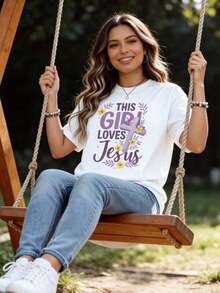 Esta chica ama a Jesús - Camiseta de mujer con diseño de cruz cristiana y flores, blanca, estilo casual, camiseta gráfica inspirada en la fe - Estilo vintage urbano, unisex, de algodón, manga corta, cuello redondo. - Blanco - Ver 5