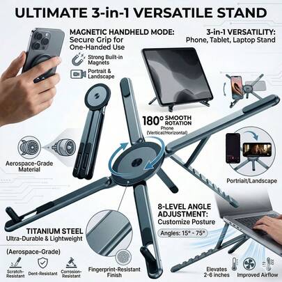 Giá đỡ laptop có thể điều chỉnh, giá nâng máy tính xách tay gấp gọn di động cho MacBook, điện thoại, Natebook, máy tính bảng - Chất liệu nhôm nhẹ, kẹp từ tính N52, hoàn hảo cho văn phòng, nhà riêng và du lịch.