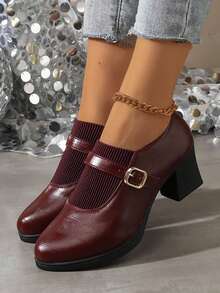 2026 New Spring/Autumn High Heel Thick Heel Professional Soft Leather Comfortable Versatile Mother Shoes - Burgundy - View 5