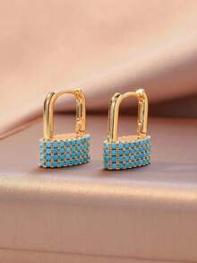 ZHIXUN 1 Pair Elegant French Inlaid Imitation Turquoise U-Shaped Locking Earrings,Luxurious Design, For Women's Daily,Holiday,Party Wedding Accessories - Earring 1 - View 2