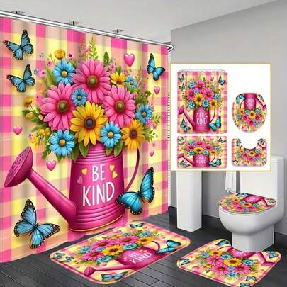 蝴蝶花卉图案1/4件套浴帘套装，现代风格浴室装饰，防水面料浴帘套装，含12个挂钩，防滑浴室地垫，U型马桶垫，马桶座套，送朋友的礼物