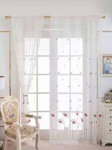 1件清新红粉蜻蜓刺绣薄纱窗帘，米白色调，适用于卧室和阳台，透光性好 - 彩色 - 查看 9