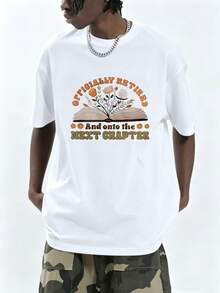 Camiseta de manga corta con cuello redondo blanca para hombre, estampado de letras en tonos naranja cálido y verde oliva "Officially Retired And onto the NEXT CHAPTER" con libro abierto y flores, blusa temática de maestro jubilado con elementos de letras, camiseta versátil para uso diario y oficina - blanca - Ver 7
