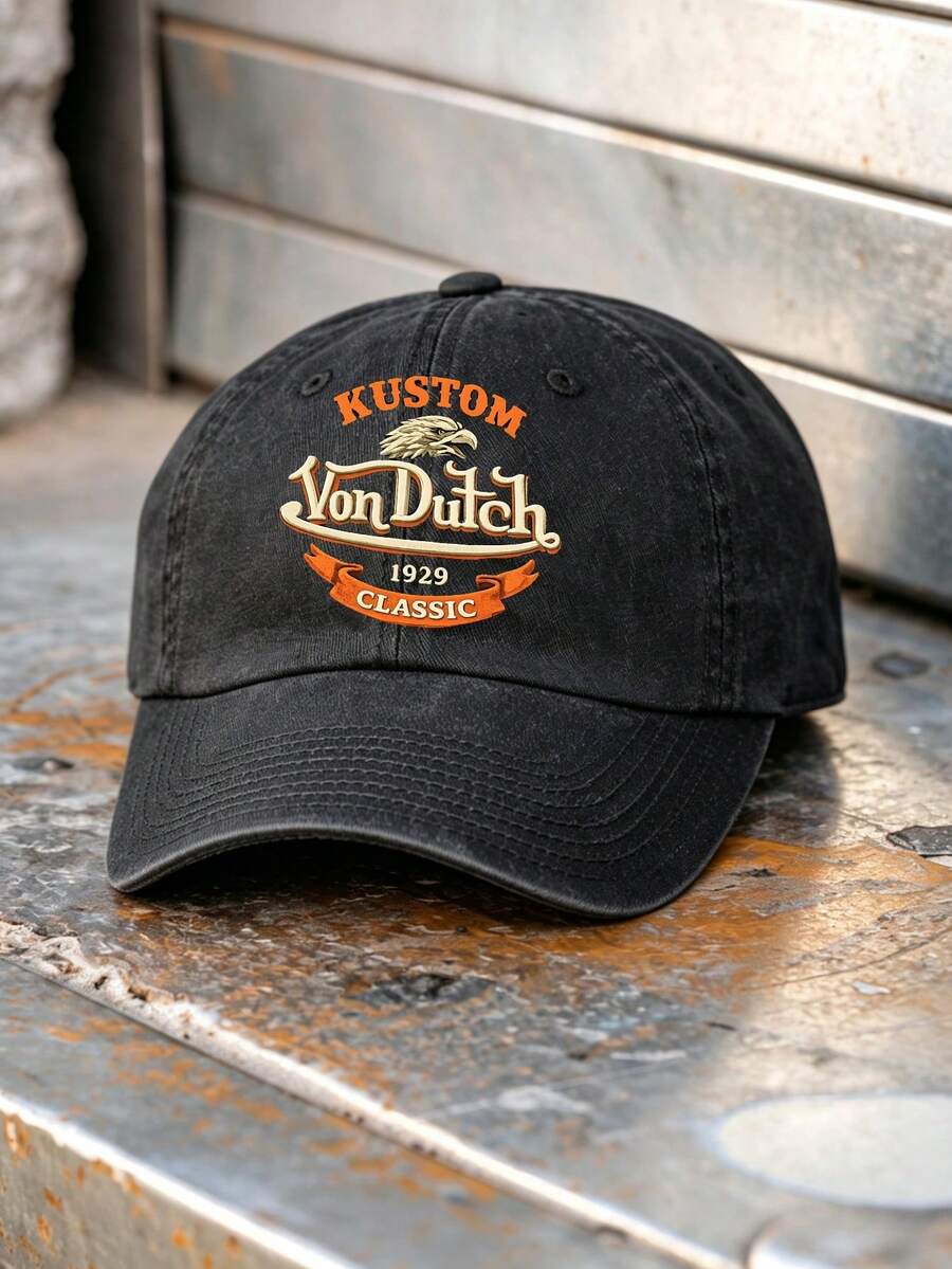 Black Unisex Kustom Vons Dutchs Classic 1929 Logo Print Gorras Para Hombre Original Baseball Cap For Men Adjustable UPF Hat Suitable For All Seasons Lightweight Solid Color Cap For Outdoor Sports Streetwear And Casual Wear Gift For Men And Women Gift For Fathers Day And Mothers Day - Black - View 1