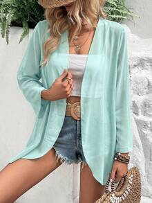 EARO Vacation Casual Solid Color Flare Sleeve Sheer Lightweight Jacket - Mint Blue - View 6