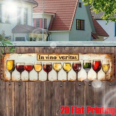 1pc 2D Flat - 2D Vintage Metal Iron Sign, Theme "In Vino Veritas" - 4" X 16", Includes 9 Wine Glass Illustrations, Suitable For Country Style Wall Decor In Bar, Kitchen, Pre-Drilled Holes As Shown In Size