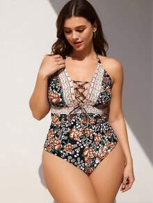 Plus Size One Piece Swimsuit For Women, Tummy Control Bathing Suit With Lace Up, Floral Print Halter Neck Swimwear For Beach, Pool, Vacation - Multicolor - View 1