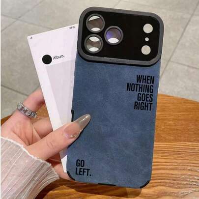 1pc Denim Blue Faux Leather Inspirational English Slogan Phone Case, "WHEN NOTHING GOES RIGHT GO LEFT" Personalized Text Print Full Coverage Shockproof Soft Shell, Compatible With IPhone 11/11 Pro/11 Pro Max/12/12 Pro/12 Pro Max/13/13 Pro/13 Pro Max/14/14 Pro/14 Pro Max/15/15 Pro/15 Pro Max/16/16 Pro/16 Pro Max/17/17 Pro/17 Pro Max, Versatile Protective Cover For Couples And Friends