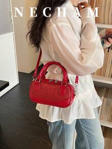 1pc Vintage Oiled Leather Bowling Bag, Double Zipper Design, Crossbody Shoulder Bag For Commuting - Red - View 4