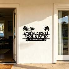Personalized Pool And Patio Sign, Custom Family Name Metal Wall Art With Palm Tree And Surfboard Design, Outdoor Decor For Backyard And Garden, Backyard Oasis - Black - View 3