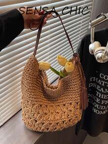 Damen Schultertasche aus Cut Out gewebtem Stroh, atmungsaktive leichte weiche Häkel-Strandtasche, lässig mit großer Kapazität, perfekt für Strandurlaub, Resort-Reisen, tägliches Einkaufen, lässiges Bummeln, Outdoor-Ausflüge, Wochenend-Treffen, ideal - Khaki - Übersicht 4