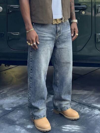 Quần jeans nam ống rộng dáng suông cổ điển, phong cách retro đường phố Mỹ thời kỳ Y2K, thích hợp làm quà tặng cho bạn trai, chồng.