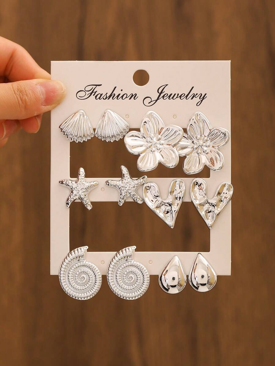 Bộ 12 bông tai bạc phong cách Bohemian chủ đề biển, mặt dây chuyền hình sao biển và vỏ sò, trang sức thời trang nghỉ dưỡng biển, món quà hoàn hảo cho người yêu biển và bạn gái, phụ kiện thời trang nữ. - Bạc - Xem 1