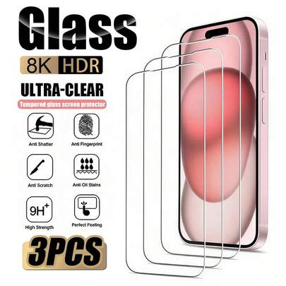 3pcs 9H Hardness High-Definition Tempered Glass Screen Protector, Compatible With IPhone And Other Models. The Product Surface Has A Special Anti-Fingerprint Coating To Effectively Reduce Fingerprint And Oil Residue, Keeping The Screen Clean And Clear For A Comfortable Visual Experience. It Also Has Practical Water-Resistant Capability To With Daily Water Or Beverage Spills.