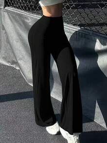 女款通勤運動優雅現代職場純色修身喇叭褲 春季黑色，辦公室女妖風 - 黑色 - 查看 8