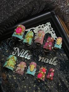 10pcs Handmade Full Coverage Short Duck Nails, Mint Green, Pink And Rose Red Colors, Removable And Reusable, Vintage Baroque Palace Style, Suitable For Parties, Festivals And Travel, With Jelly Glue And Nail File - Multicolor - View 3