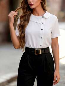 Áo sơ mi nữ tay ngắn cài cúc bất đối xứng, thiết kế độc đáo, thanh lịch, thích hợp cho công sở. - trắng - Xem 8