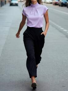 Women's Elegant Mandarin Collar Short Sleeve Blouse - Crisp White Satin-Like Fabric, Versatile For Work, Party, Spring/Summer/Autumn, Classic Solid Color, Crease-Resistant Design, Flattering - Mauve Purple - View 6