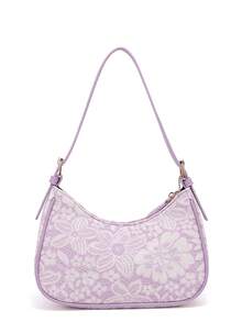 Túi đeo vai nữ họa tiết hoa tím, túi xách tay thời trang phong cách Y2K, túi đeo chéo nữ, túi hình lưỡi liềm thời trang, túi baguette thanh lịch. - Hồng - Xem 5