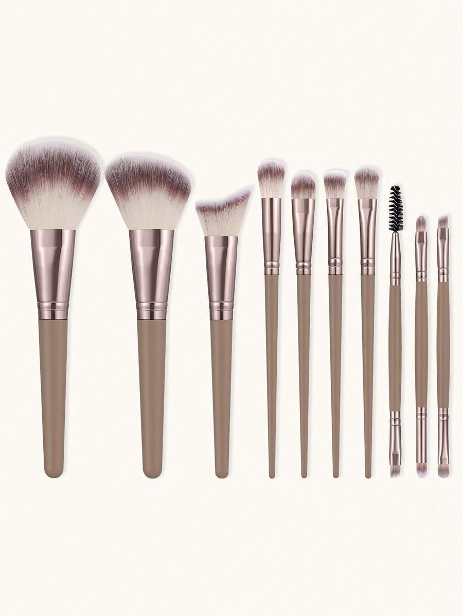10pcs Multifunctional Makeup Brush Set, Includes Powder Brush, Blush Brush, Foundation Brush, Eyeshadow Brush, Contour Brush - Brown - View 1