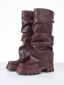 Ruched Fold Over Women's Slouchy Shark Knee High Boots Fashion Platform Chunky High Heels Round Toe Pull On Pleated Mid Calf Boots Woman - 酒紅色 - 查看 3