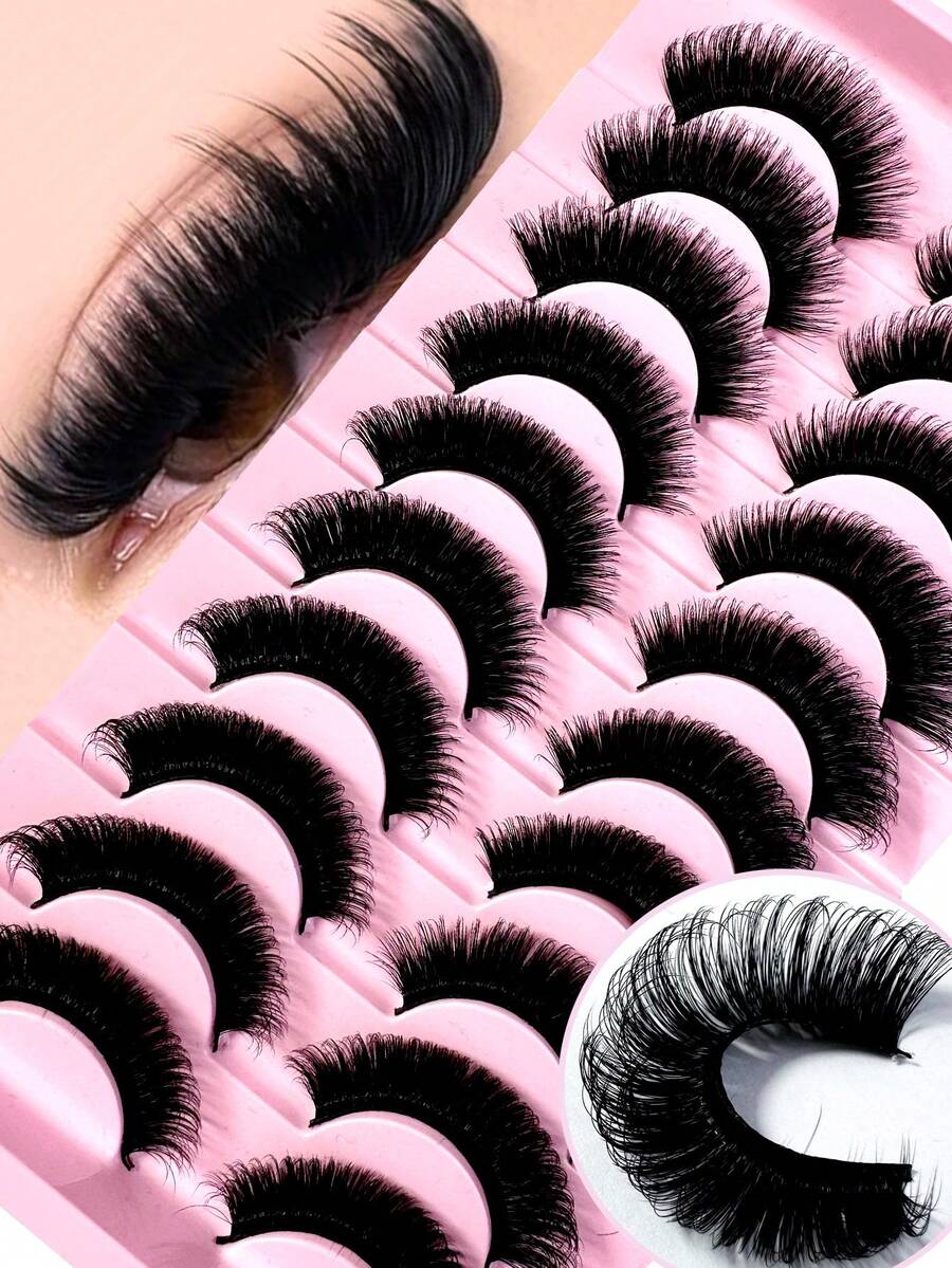 New 10pairs/Pack, Natural Thick And Fluffy False Eyelashes, Creating Charming Messy Mink Eyelashes, Slender And Reusable, 8D Thick And Long-Lasting, Creating A Fox Eye Lifting Effect, The Entire False Eyelash Can Lengthen And Thicken The End - 黑色 - 查看 1