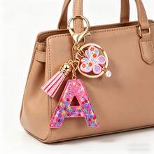 1pc Resin Letter Keychain With Butterfly & Pearl Decor, Minimalist Bag Charm, Holiday Gift For Women A-Z - Baby Pink - View 3