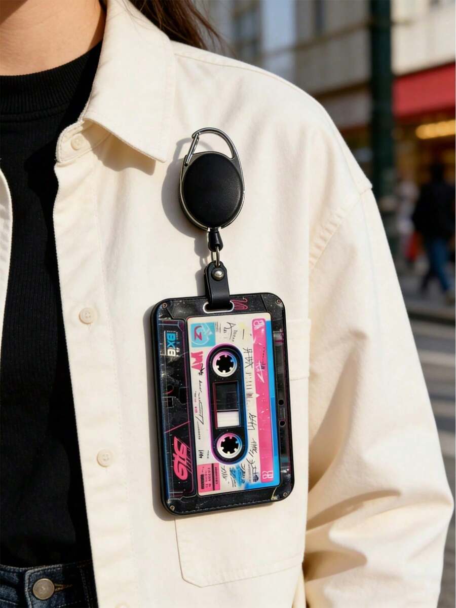 Vintage Cassette Tape Design Card Holder With Sliding Mechanism, Anti-Lost Lanyard, Sturdy ID Card Case, Retro Nostalgic Card Holder For Student ID/Transit Card/Various Cards, Shock-Proof And Scratch-Resistant Card Sleeve, Portable And Convenient Commuting Essential, Perfect Retro Gift For Vintage Enthusiasts/Collectors/Teenagers, Student Daily Necessity, Back To School Essential - Multicolor - View 1