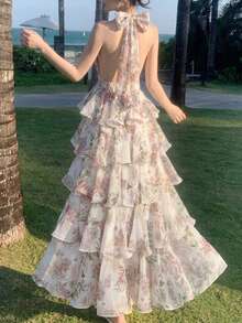 夏季时尚碎花露背派对舞会礼服荷叶边节日沙滩装女装优雅别致婚礼宾客返校蛋糕礼服生日鸡尾酒会服装粉色 - 粉色 - 查看 3