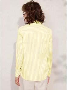 Striped Loose Casual Shirt, Letter Embroidery Turndown Collar Long Sleeve Blouse, Spring/Summer/Autumn - Yellow - View 3