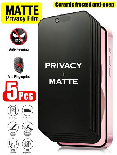 5片装磨砂陶瓷隐私屏幕保护膜，适用于 17 Pro Max [6.9英寸]，防窥隐私配件，防眩光防指纹膜，兼容手机壳，易于安装，无气泡，贴合顺滑，适用于 17 E/17 Pro Max/17 Pro/17 Air/16/15/14 Plus/13 Mini/12/11系列