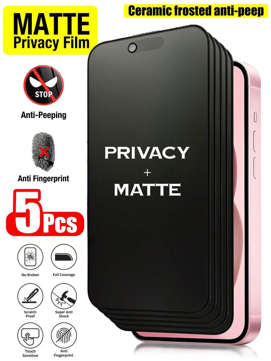 5pcs Matte Ceramic Privacy Screen Protector Film, Fit For IPhone 17 Pro Max [6.9 Inch], Anti-Peeping Privacy Accessory, Anti-Glare Anti-Fingerprint Film, Compatible With Phone Case, Easy Installation Without Bubbles, Smooth Fit, Suitable For IPhone 17 E/17 Pro Max/17 Pro/17 Air/16/15/14 Plus/13 Mini/12/11 Series - Black - View 1