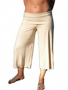 Women Casual Fold Over Loose Fit Capri Pant Leg Cropped Flowy Cotton Gaucho Pants Comfy Casual Yoga Coluttes Pajama Bottom Soft Comfortable Cropped Trouser Lounge Sleepwear Bottoms - 米色 - 查看 2