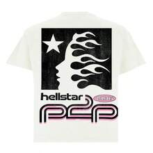 HELLSTAR Men's Pink Sport Star Logo Graphic Oversized T-Shirt, Casual Cotton Short Sleeve Tee - 白色 - 查看 2