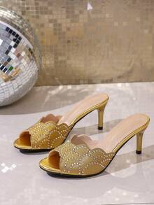 女士派对风高跟凉鞋，时尚露趾高跟鞋，优雅水钻多功能婚礼凉鞋 - 金色 - 查看 6