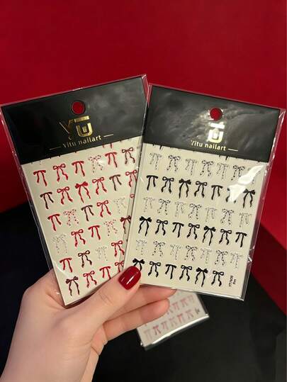 1片装多色波点蝴蝶结美甲贴纸，女士美甲贴纸，适合短指甲，美甲装饰，美甲贴纸