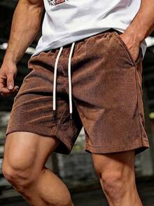 Men's Casual Loose Thin Solid Color Drawstring Beach Shorts, Suitable For Summer Outdoor And Commuting, Unique Corduroy Design Shorts - Coffee Brown - View 7
