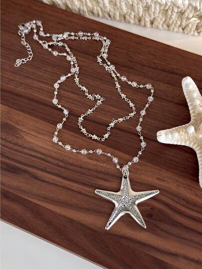 1 chiếc dây chuyền dài hình sao biển bạc sang trọng, thiết kế vòng cổ choker kiểu Y2K, phụ kiện dây chuyền xương đòn thời trang dành cho nữ.