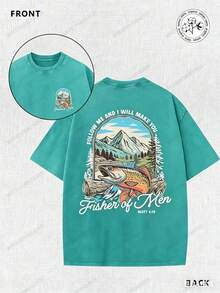 Matthew's Gospel, Fishing, Fisherman, Religion, 230g Double-Sided Printed Batik Vintage Washed T-Shirt, 100% Cotton, Comfortable For Summer Wear, Simple And Casual, Men's Cool Short-Sleeve T-Shirt - 湖綠色 - 查看 1