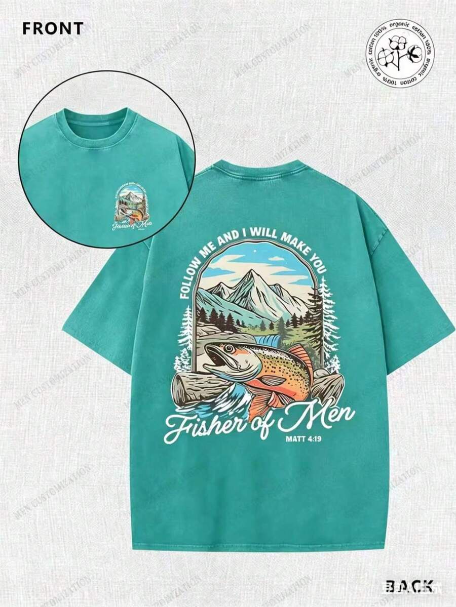 Matthew's Gospel, Fishing, Fisherman, Religion, 230g Double-Sided Printed Batik Vintage Washed T-Shirt, 100% Cotton, Comfortable For Summer Wear, Simple And Casual, Men's Cool Short-Sleeve T-Shirt - 湖綠色 - 查看 1