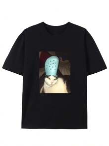 Creative Patterned Round Neck T-Shirt | Casual Summer Fashion, Short Sleeves, Fabric, Regular Fit - 黑色 - 查看 7